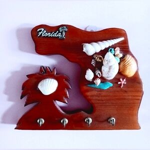 🐚Vintage Seashells Florida 4 Hook Keys Keychains Holder Wall Mount 🐚